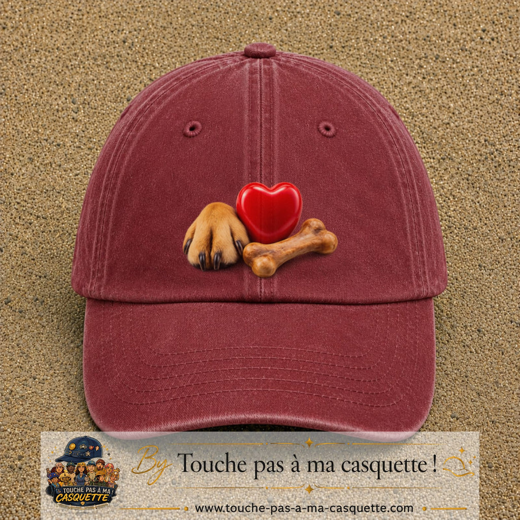 Casquette Rouge délavé - Bordeaux délavé motif Patte de chien et cœur logo 7 cm