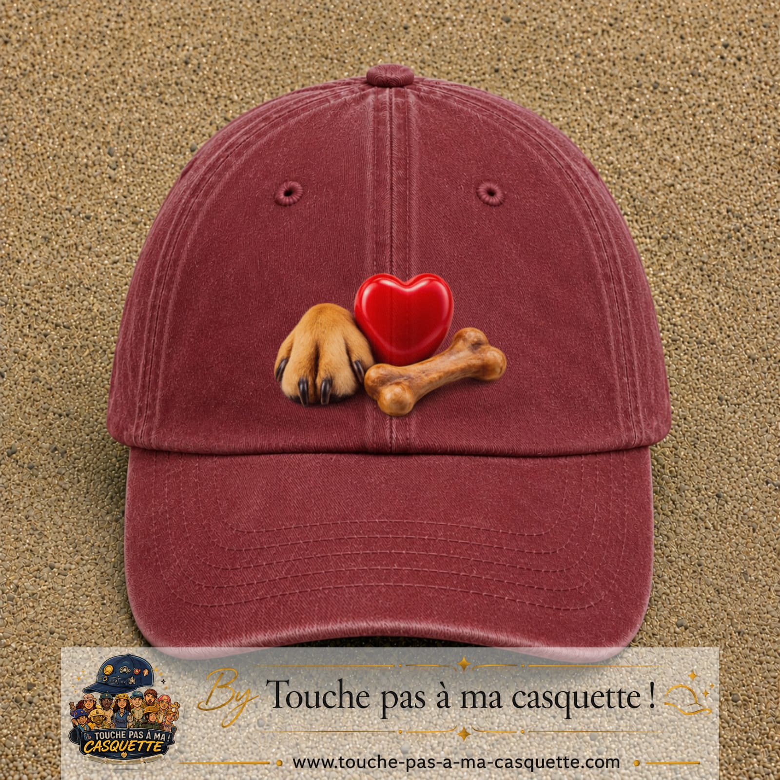 Casquette Rouge délavé - Bordeaux délavé motif Patte de chien et cœur logo 7 cm