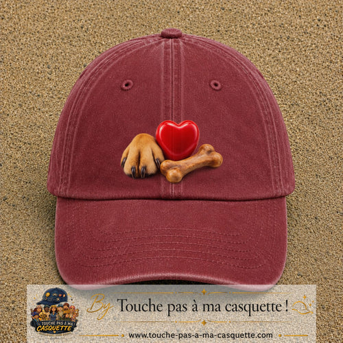 Casquette Rouge délavé - Bordeaux délavé motif Patte de chien et cœur logo 7 cm
