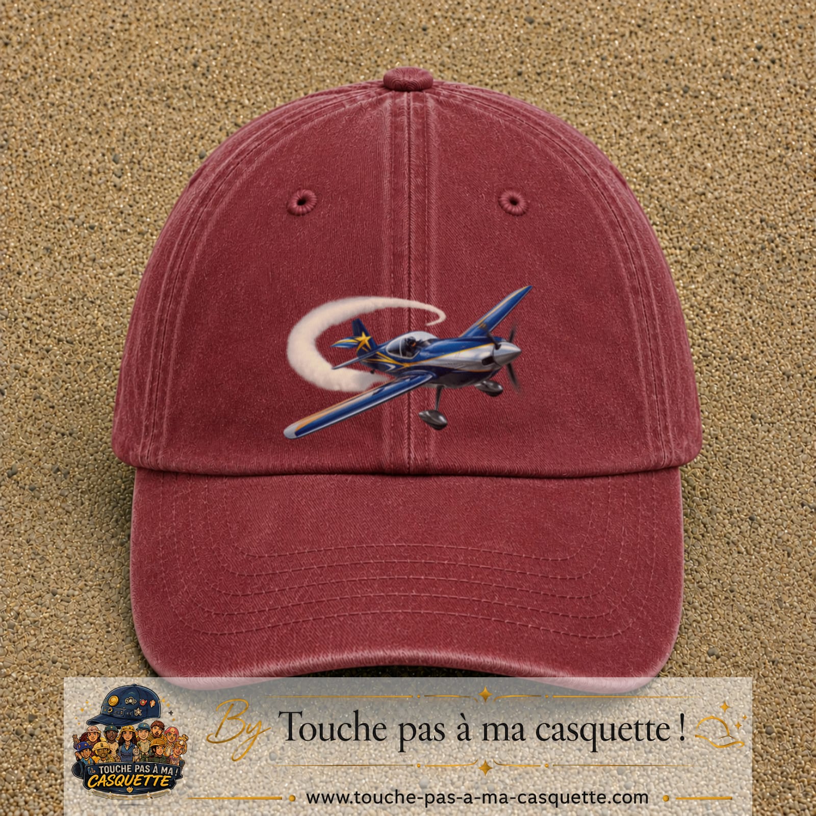 Image principale casquette Rouge délavé - Bordeaux délavé avec motif Avion de voltige 7 cm