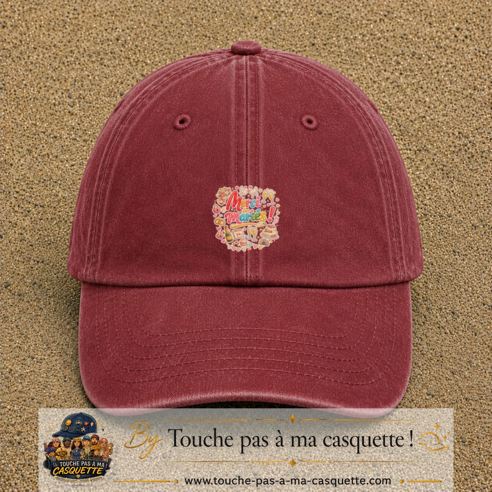 Casquette Rouge délavé - Bordeaux délavé avec motif Merci les Mariés en 5 cm – vue principale