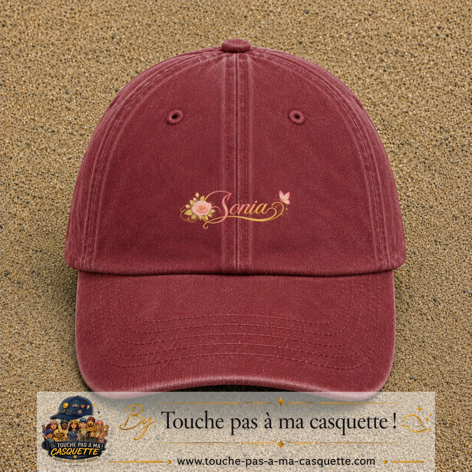 Casquette Rouge délavé - Bordeaux délavé avec motif Prénom Sonia fleuri en 3 cm – vue principale