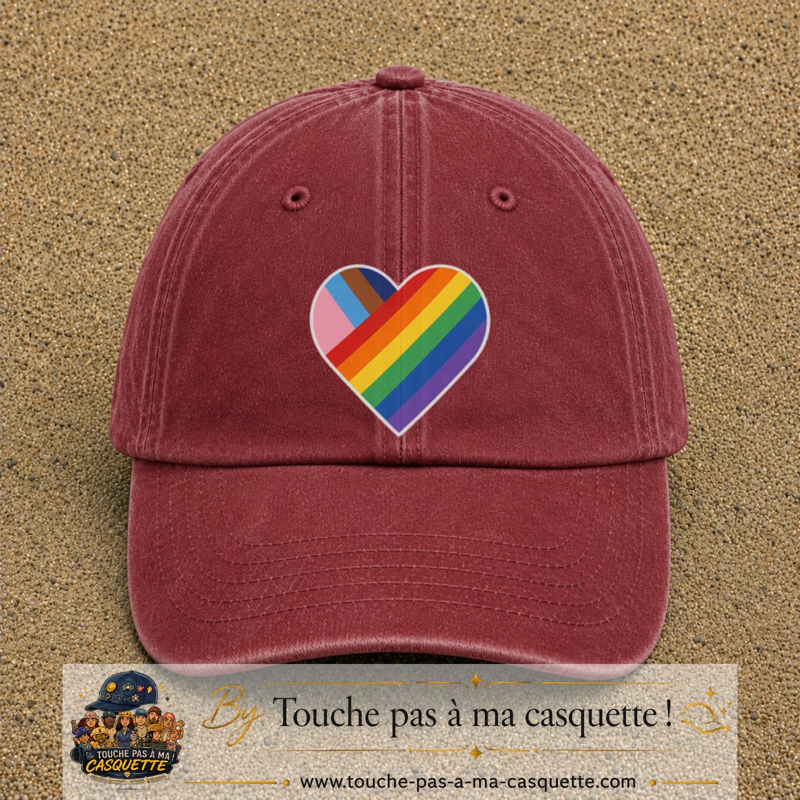 Image principale produit23grosRB - casquette Rouge délavé - Bordeaux délavé avec visuel Cœur arc-en-ciel 7 cm