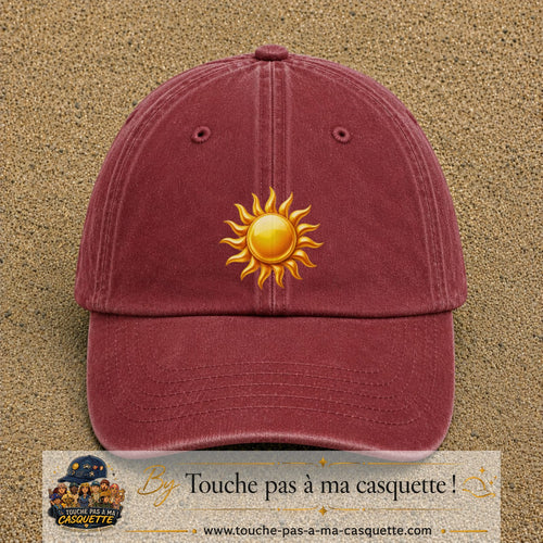 Image principale produit102grosRB - casquette Rouge délavé - Bordeaux délavé avec visuel Soleil brillant 7 cm