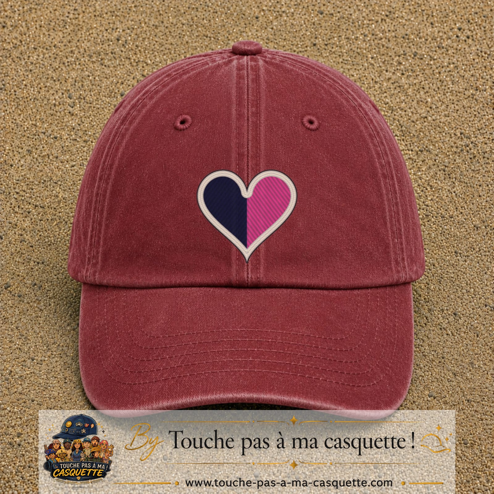 Image principale produit116grosRB - casquette Rouge délavé - Bordeaux délavé avec visuel Cœur bicolore 7 cm
