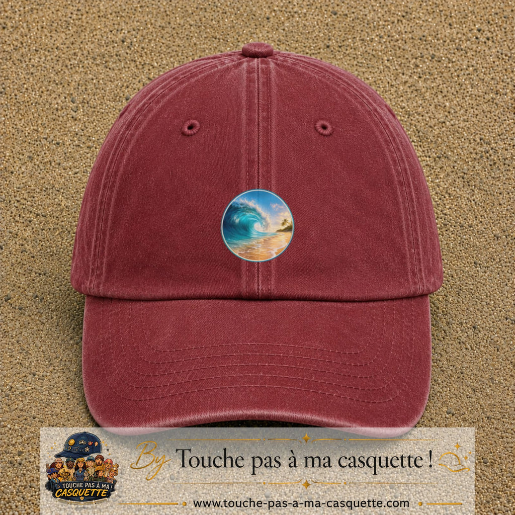 Image principale produit175moyenRB - casquette Rouge délavé - Bordeaux délavé avec visuel Vague plage 5 cm