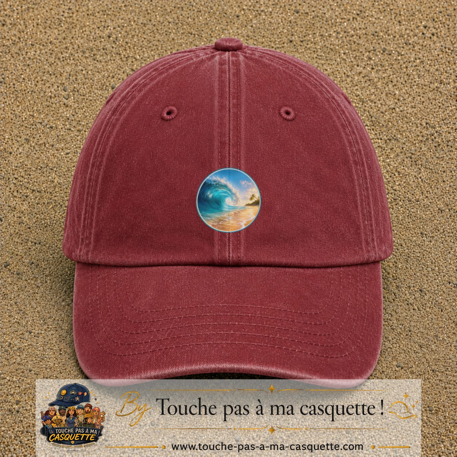 Image principale produit175moyenRB - casquette Rouge délavé - Bordeaux délavé avec visuel Vague plage 5 cm