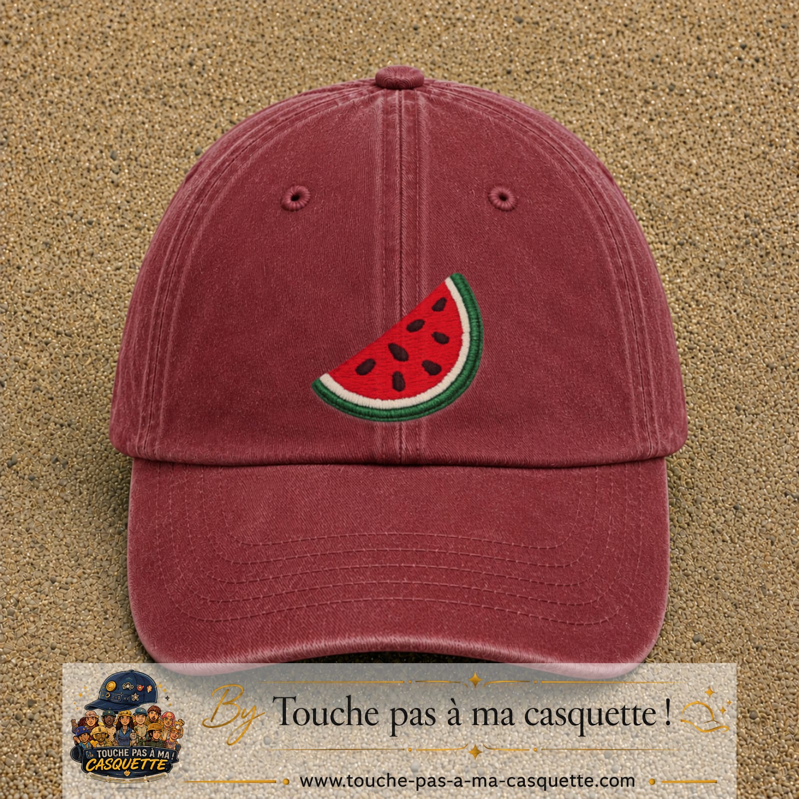 Image principale produit22grosRB - casquette Rouge délavé - Bordeaux délavé avec visuel Pastèque 7 cm