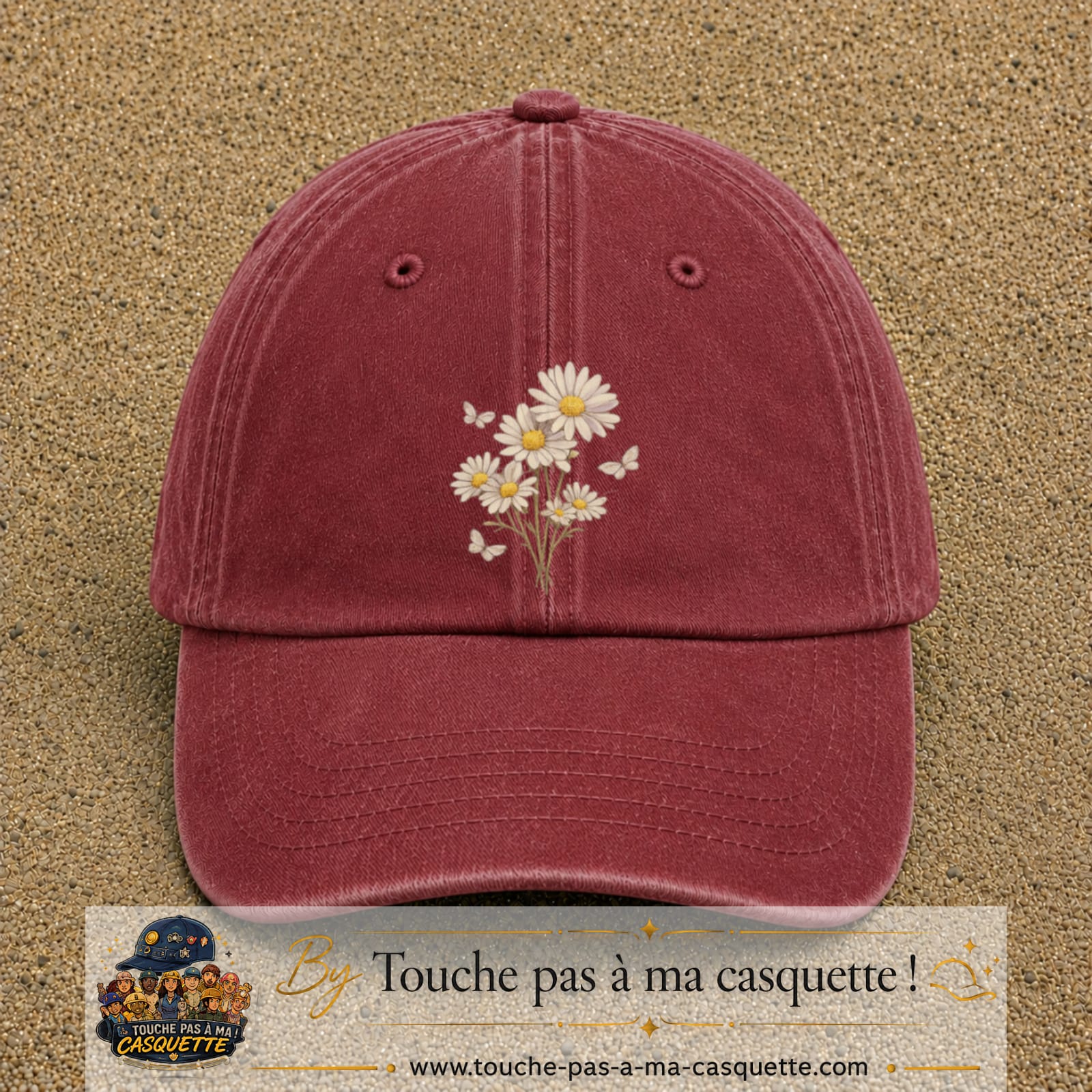 Image principale produit21grosRB - casquette Rouge délavé - Bordeaux délavé avec visuel Bouquet de marguerites 7 cm