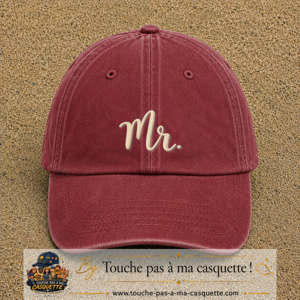 Image principale produit111moyenRB - casquette Rouge délavé - Bordeaux délavé avec visuel Mr blanc 5 cm
