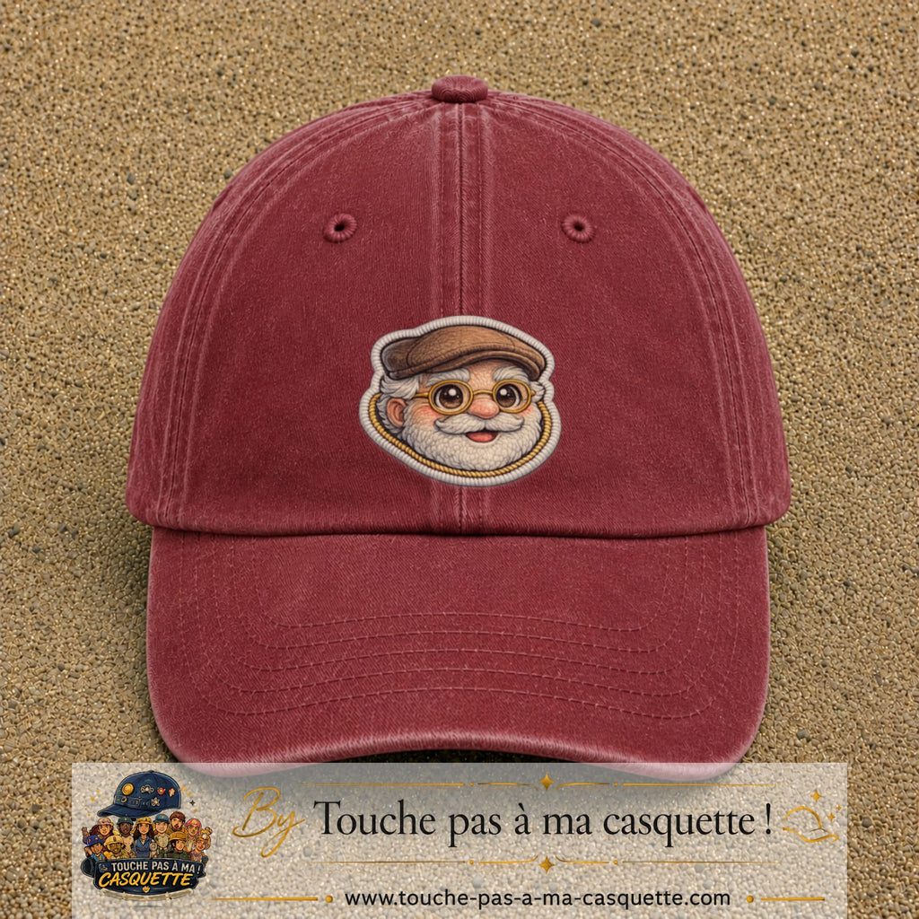 Image principale produit76grosRB - casquette Rouge délavé - Bordeaux délavé avec visuel Papy casquette lunettes 7 cm