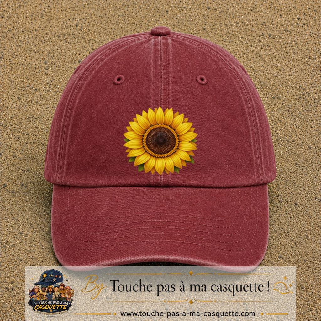 Image principale produit11grosRB - casquette Rouge délavé - Bordeaux délavé avec visuel Tournesol 7 cm