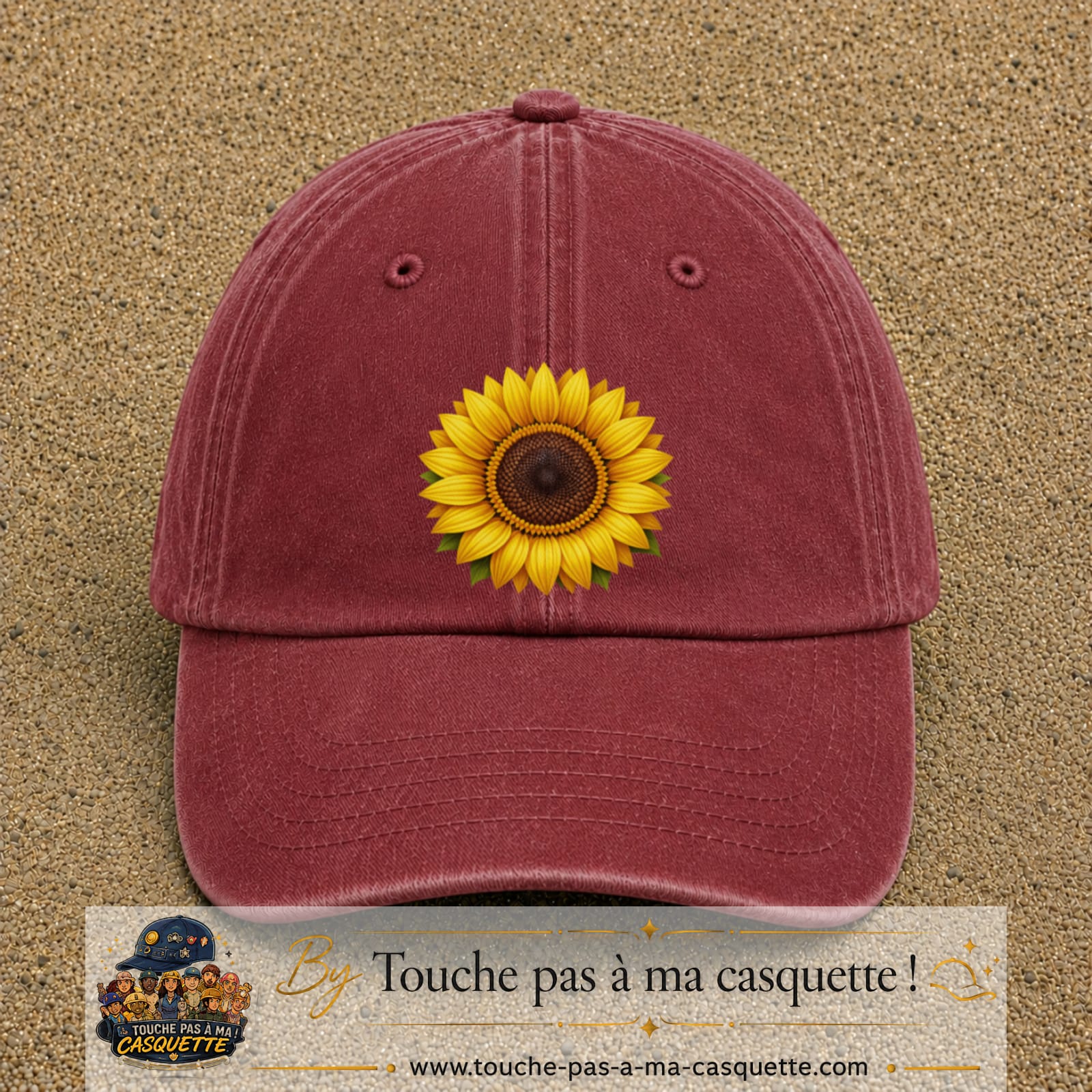 Image principale produit11grosRB - casquette Rouge délavé - Bordeaux délavé avec visuel Tournesol 7 cm