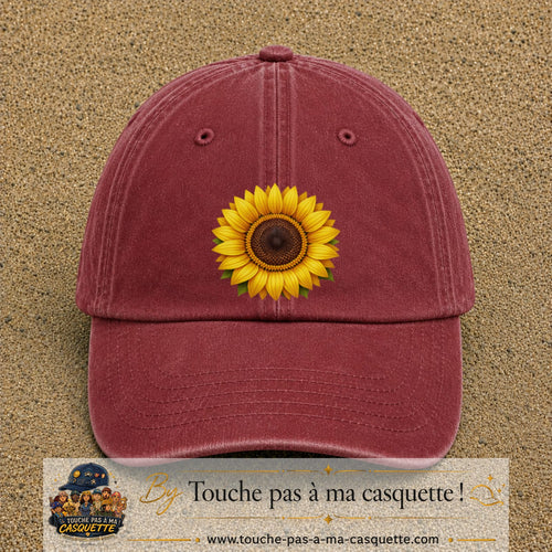 Image principale produit11grosRB - casquette Rouge délavé - Bordeaux délavé avec visuel Tournesol 7 cm
