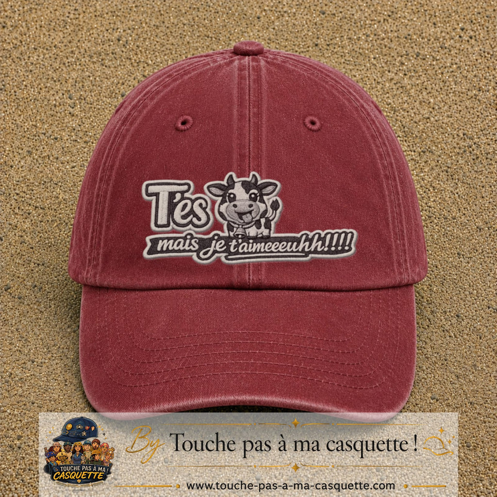 Image principale produit122grosRB - casquette Rouge délavé - Bordeaux délavé avec visuel Vache message français 7 cm