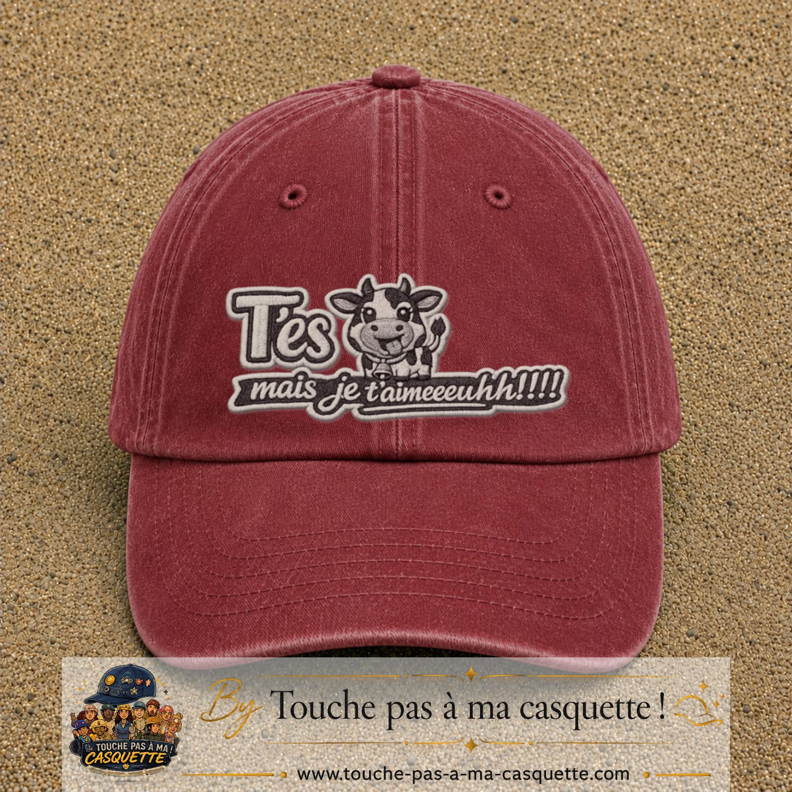 Image principale produit122grosRB - casquette Rouge délavé - Bordeaux délavé avec visuel Vache message français 7 cm