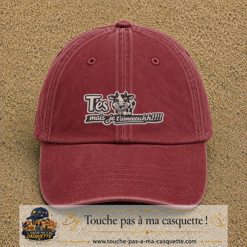 Image principale produit122moyenRB - casquette Rouge délavé - Bordeaux délavé avec visuel Vache message français 5 cm