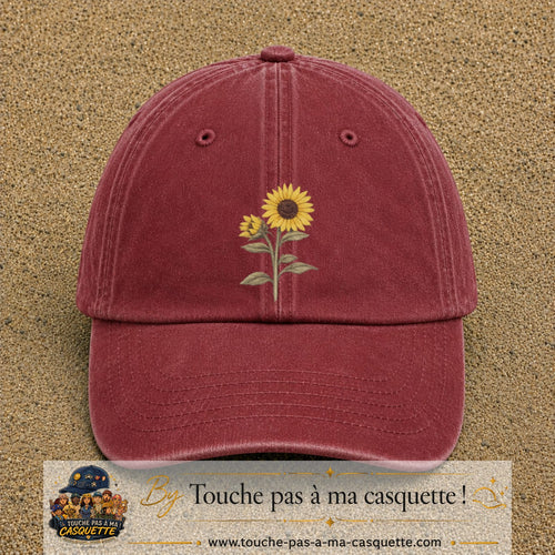 Image principale produit12grosRB - casquette Rouge délavé - Bordeaux délavé avec visuel Tournesol avec tige 7 cm