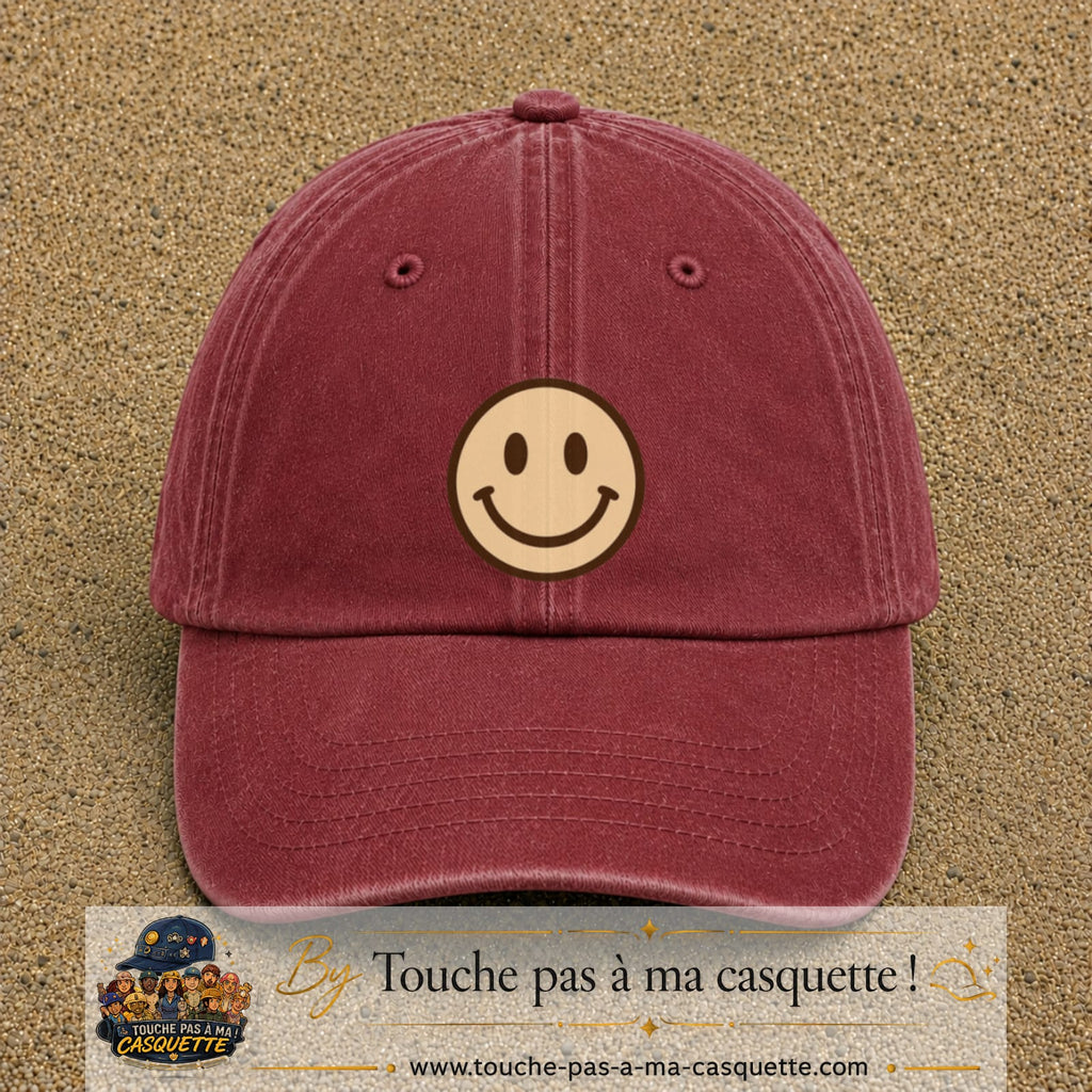 Image principale produit178grosRB - casquette Rouge délavé - Bordeaux délavé avec visuel Smiley 7 cm