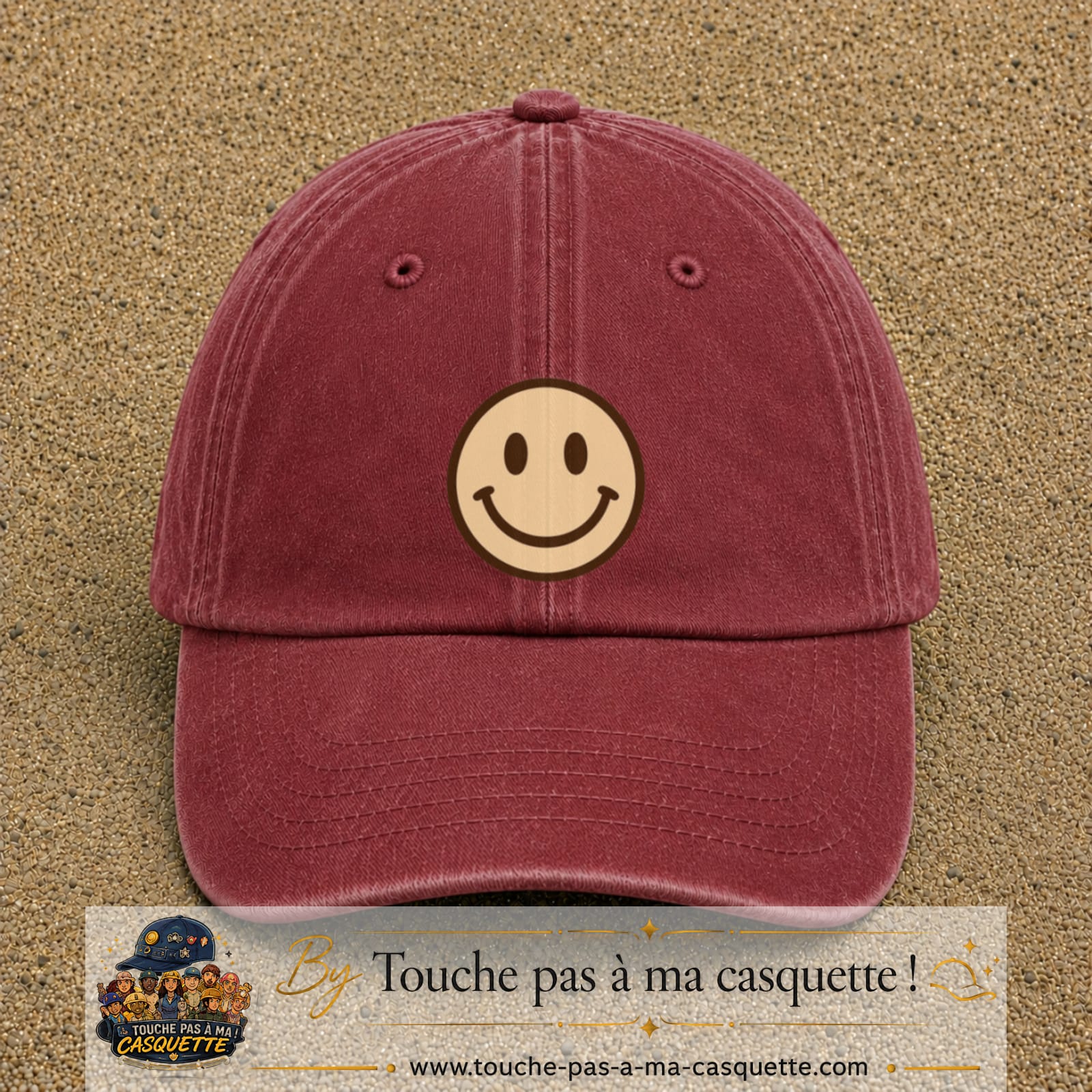 Image principale produit178grosRB - casquette Rouge délavé - Bordeaux délavé avec visuel Smiley 7 cm
