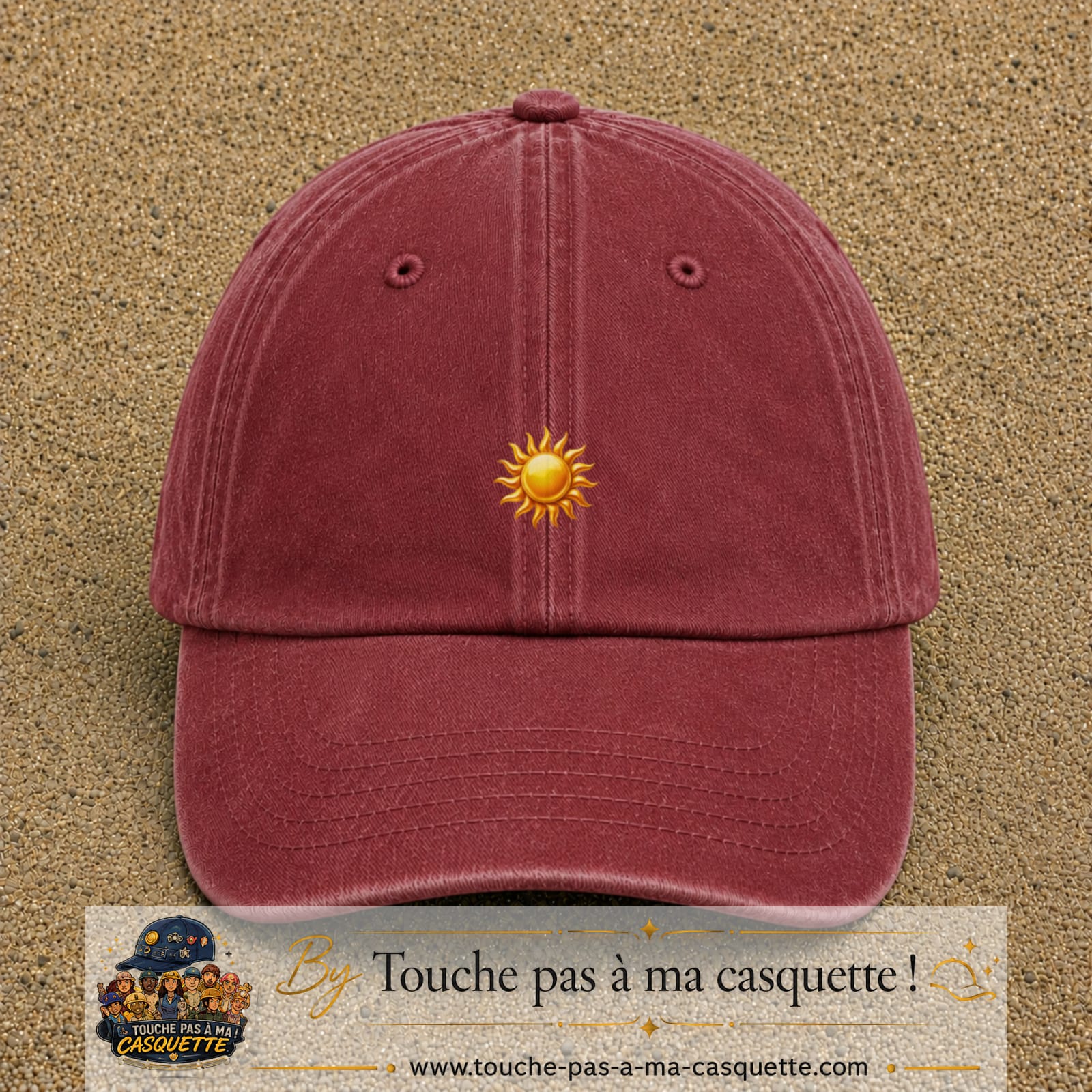 Image principale produit102petitRB - casquette Rouge délavé - Bordeaux délavé avec visuel Soleil brillant 3 cm