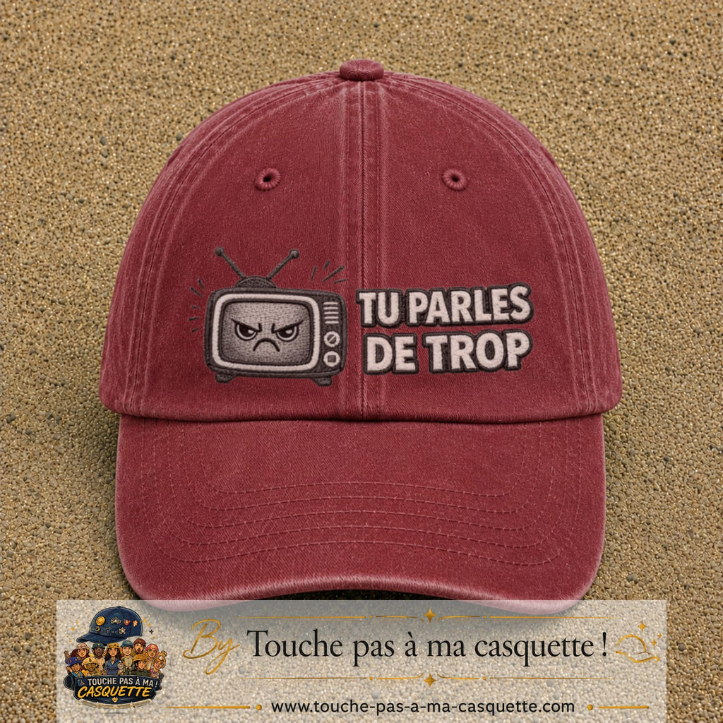 Image principale produit119grosRB - casquette Rouge délavé - Bordeaux délavé avec visuel Télé tu parles trop 7 cm