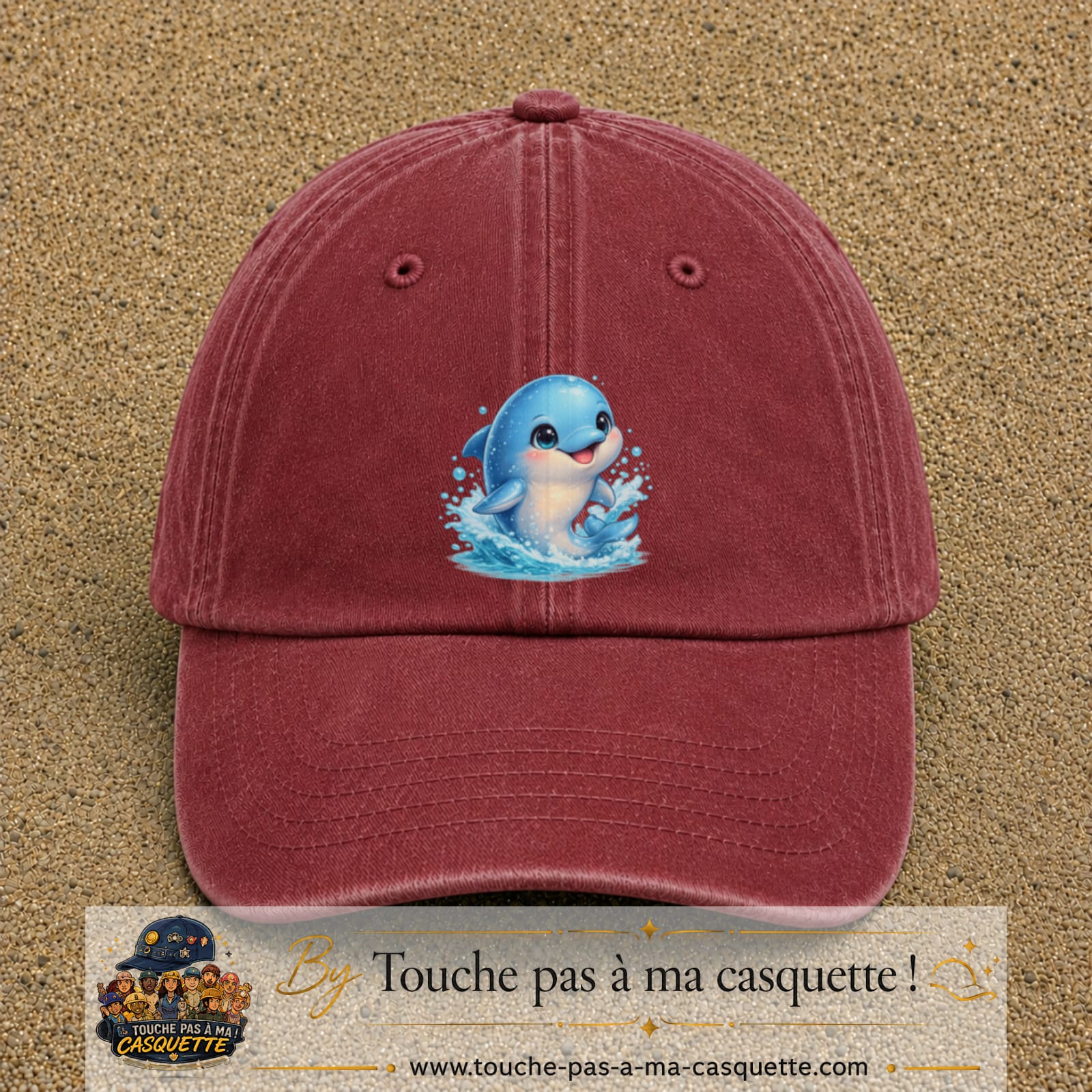 Image principale produit85grosRB - casquette Rouge délavé - Bordeaux délavé avec visuel Dauphin 7 cm