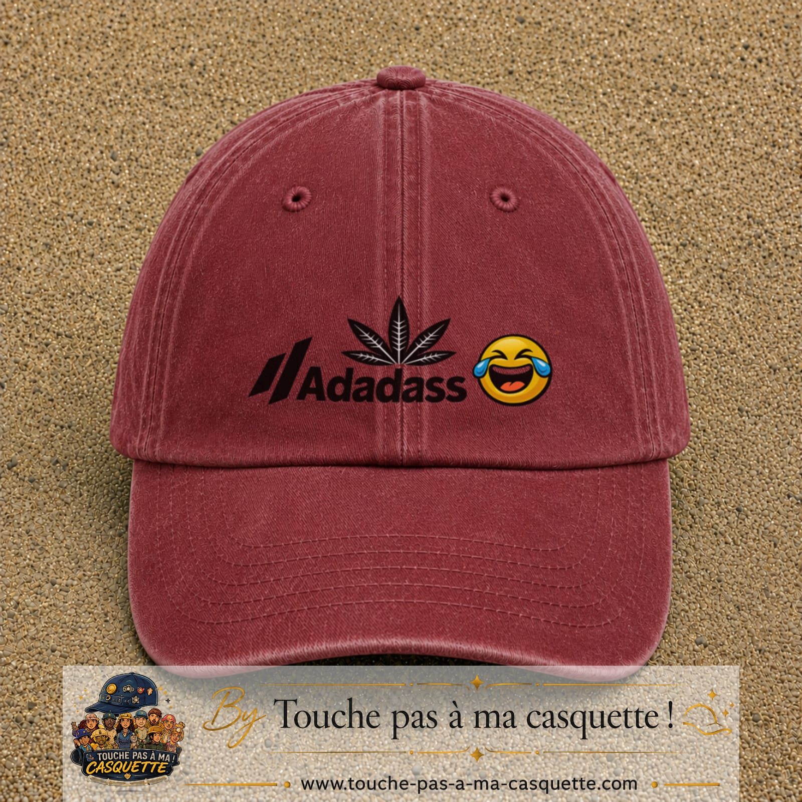 Image principale produit37moyenRB - casquette Rouge délavé - Bordeaux délavé avec visuel Adadass emoji rieur 5 cm