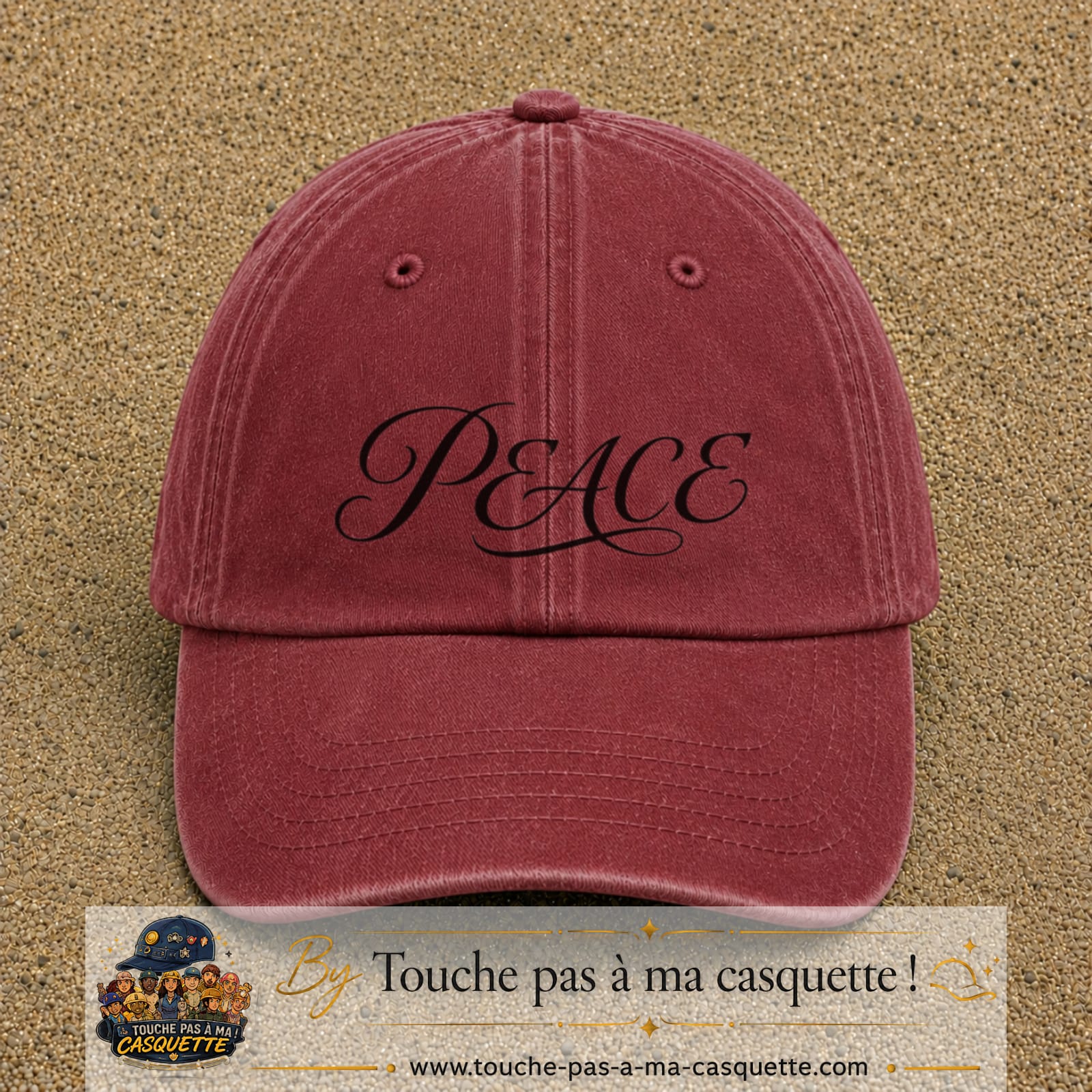 Image principale produit132moyenRB - casquette Rouge délavé - Bordeaux délavé avec visuel Peace calligraphie 5 cm