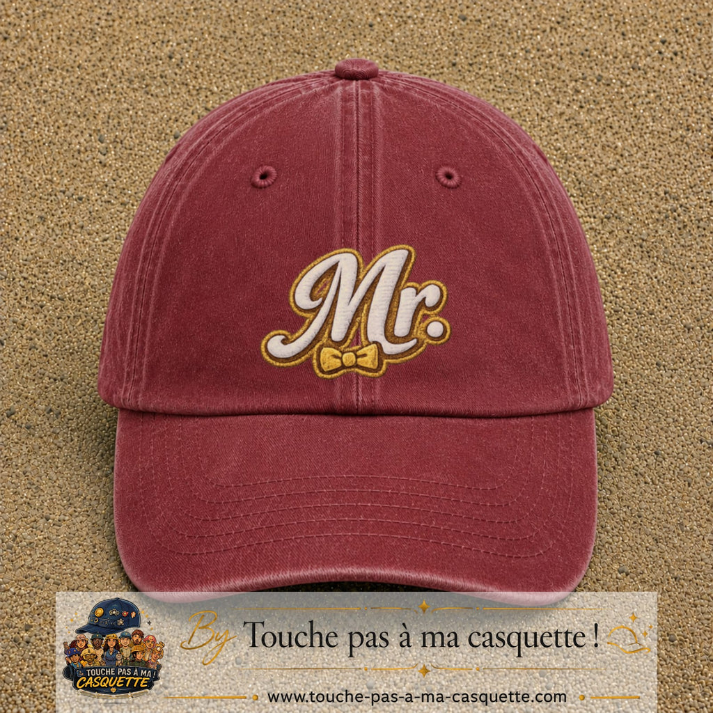 Image principale produit110grosRB - casquette Rouge délavé - Bordeaux délavé avec visuel Mr élégant 7 cm