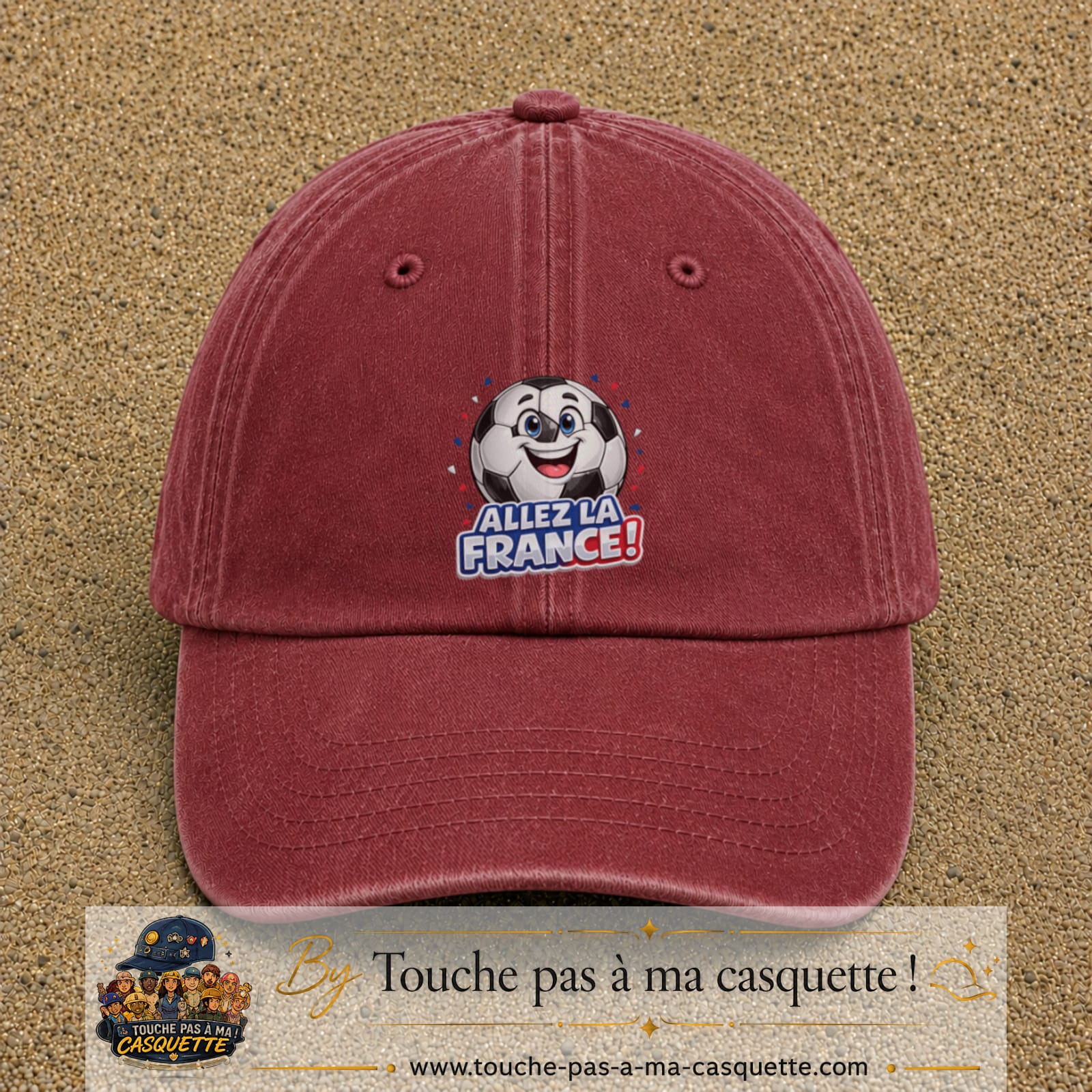 Image principale produit185grosRB - casquette Rouge délavé - Bordeaux délavé avec visuel Ballon Allez la France 7 cm