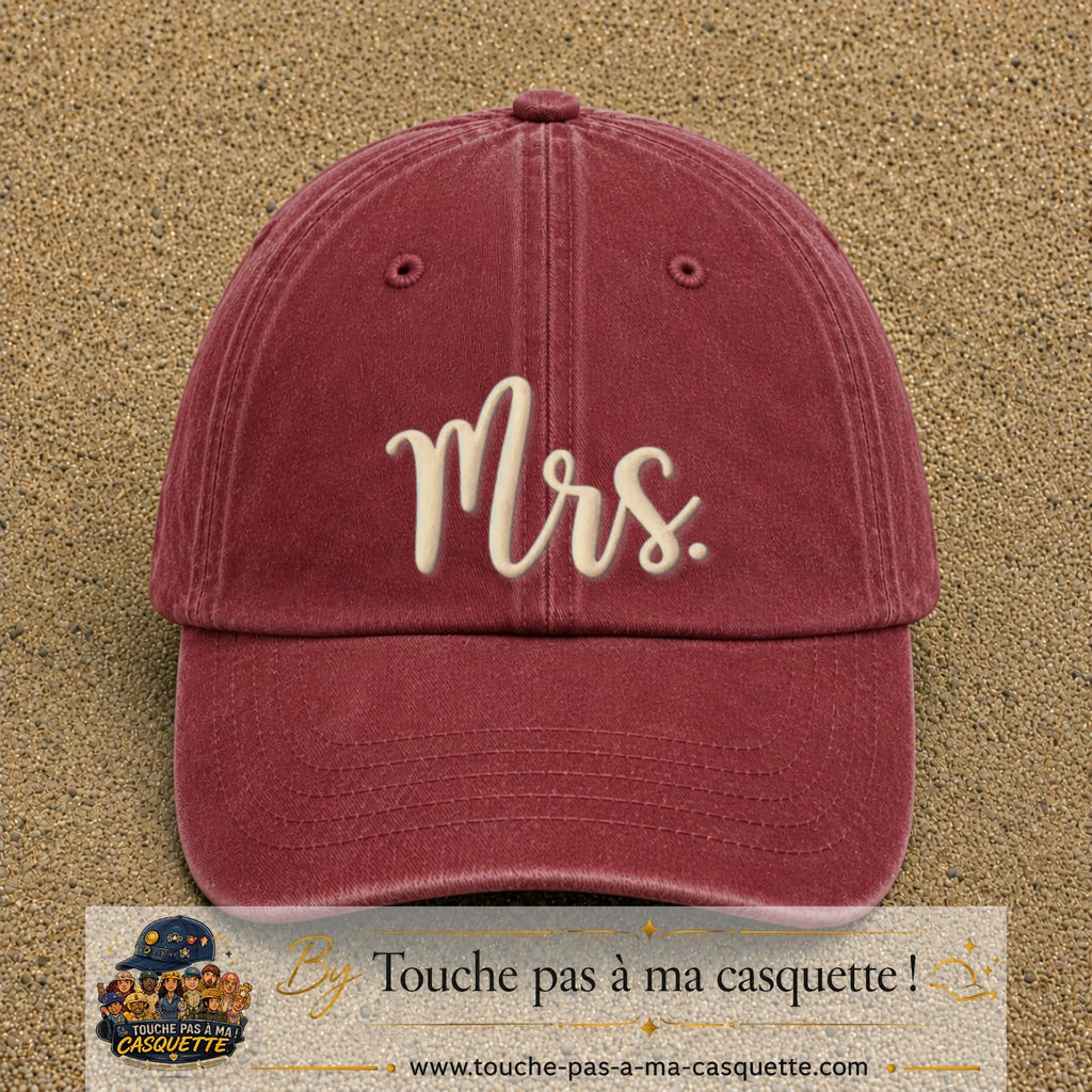 Image principale produit113grosRB - casquette Rouge délavé - Bordeaux délavé avec visuel Mrs blanc 7 cm