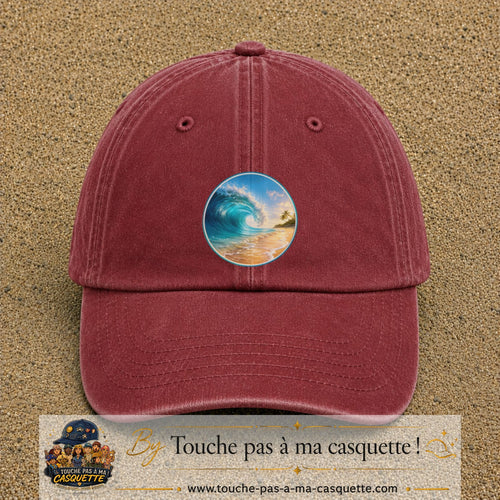 Image principale produit175grosRB - casquette Rouge délavé - Bordeaux délavé avec visuel Vague plage 7 cm