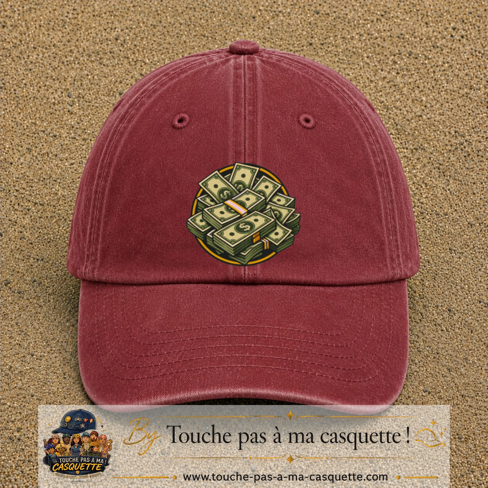 Image principale produit61grosRB - casquette Rouge délavé - Bordeaux délavé avec visuel Liasses de billets 7 cm