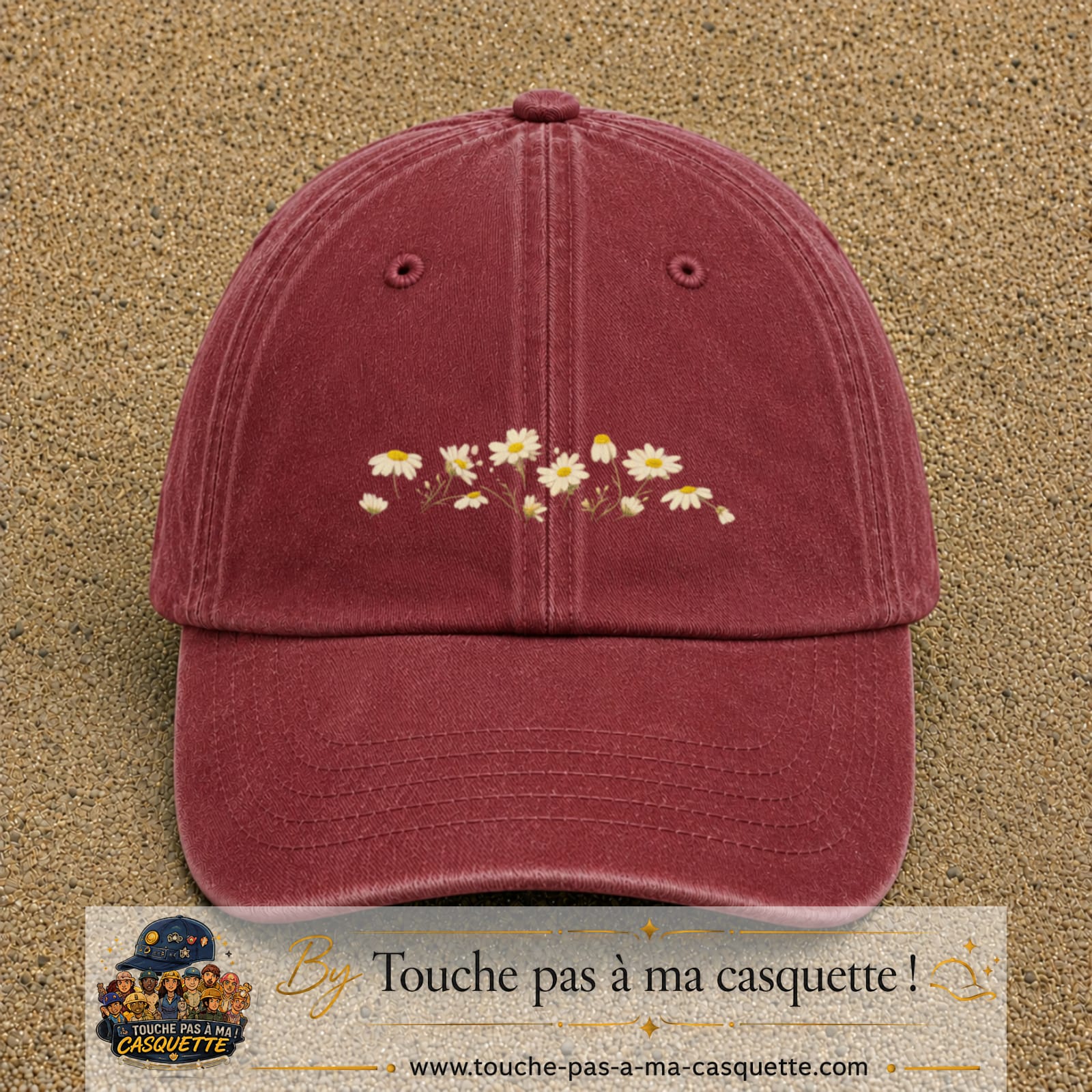 Image principale produit36moyenRB - casquette Rouge délavé - Bordeaux délavé avec visuel Guirlande de marguerites 5 cm