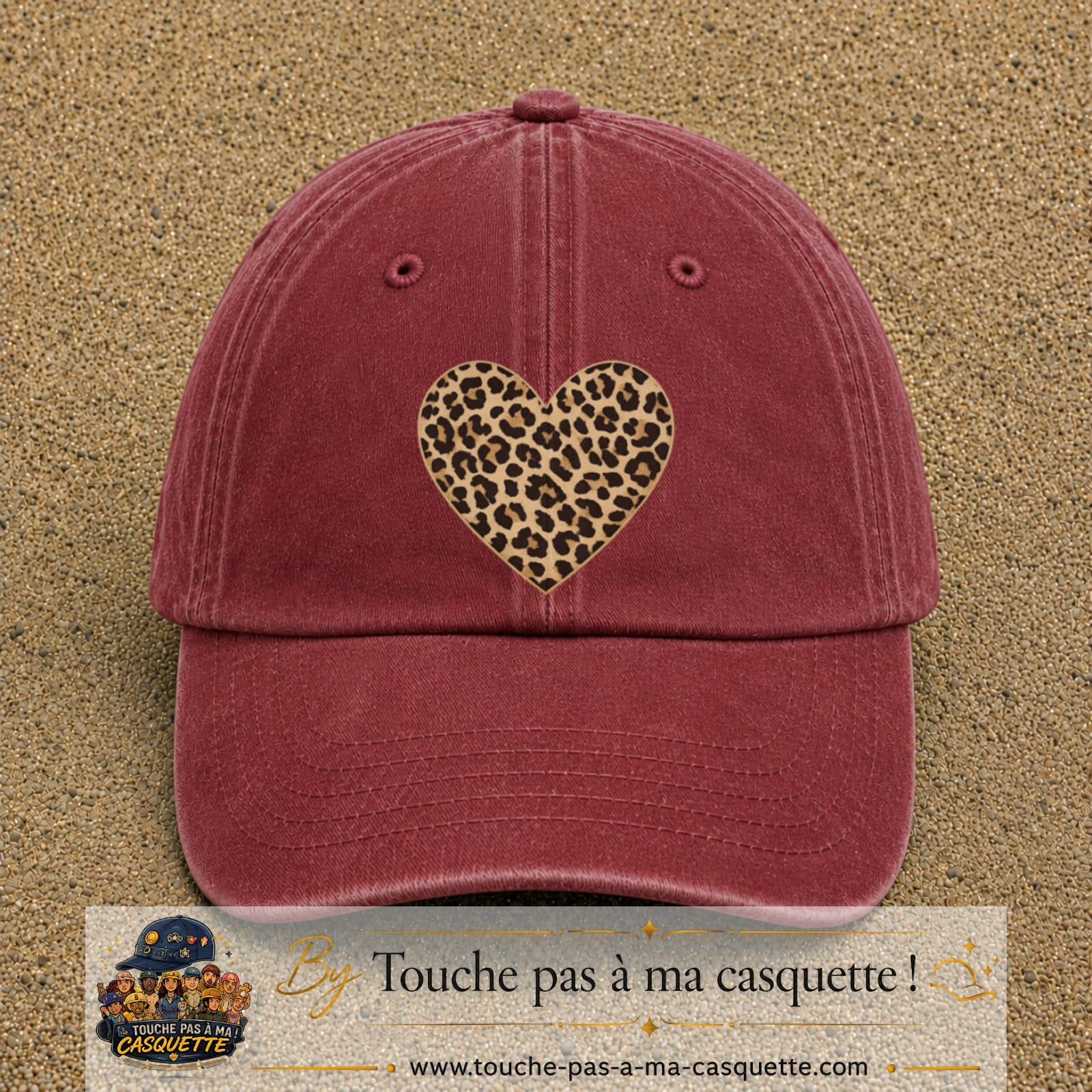 Image principale produit18grosRB - casquette Rouge délavé - Bordeaux délavé avec visuel Cœur léopard 7 cm
