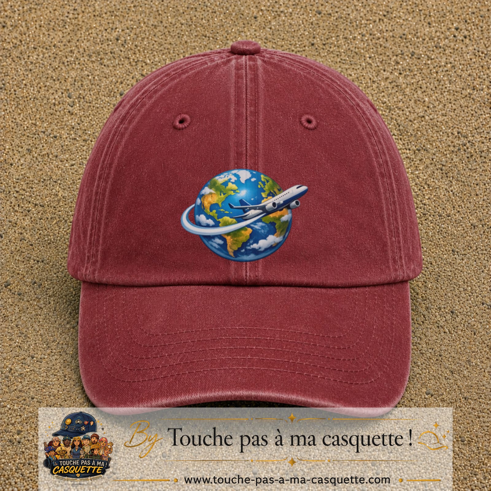 Image principale produit82grosRB - casquette Rouge délavé - Bordeaux délavé avec visuel Monde avion 7 cm