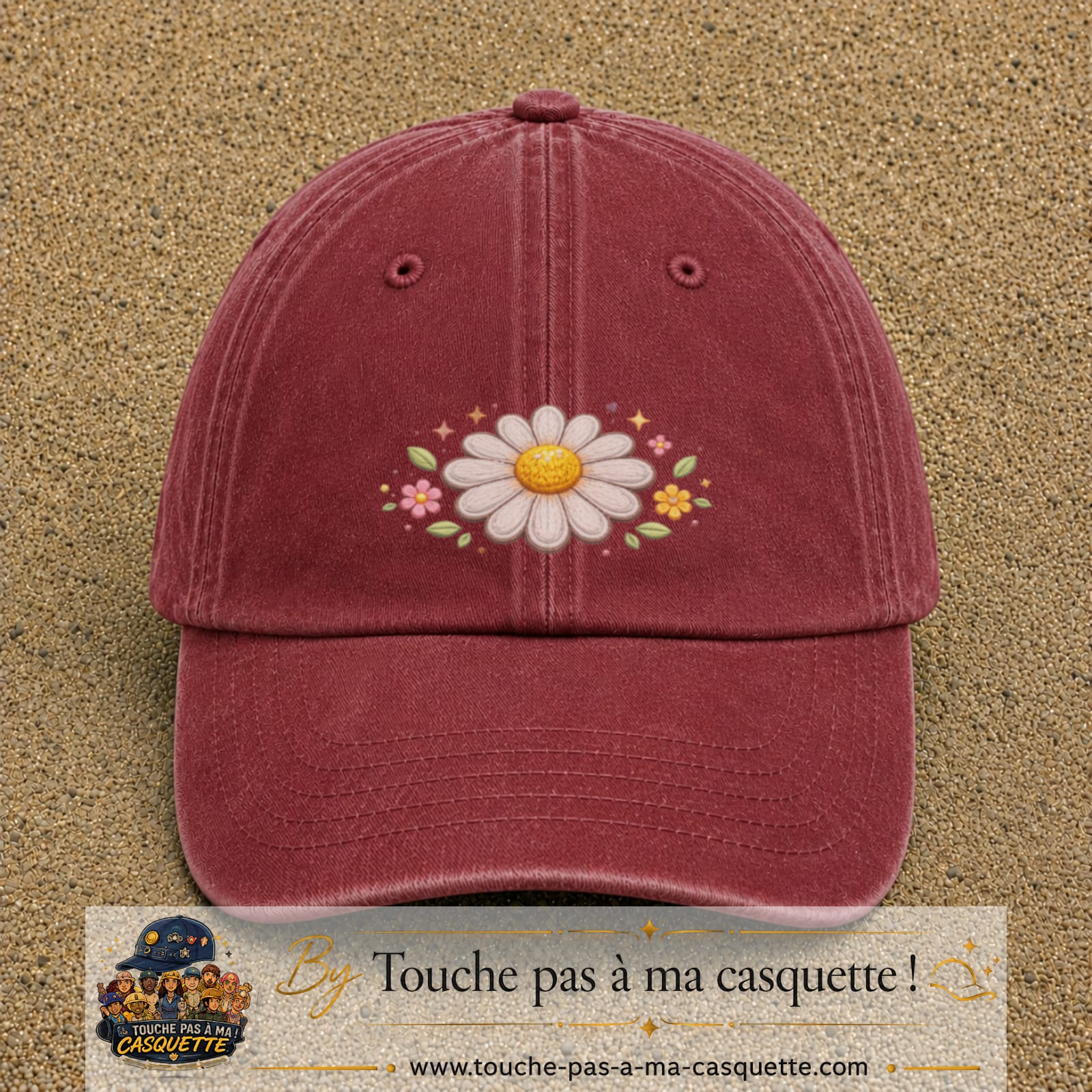 Image principale produit120moyenRB - casquette Rouge délavé - Bordeaux délavé avec visuel Marguerite horizontale 5 cm