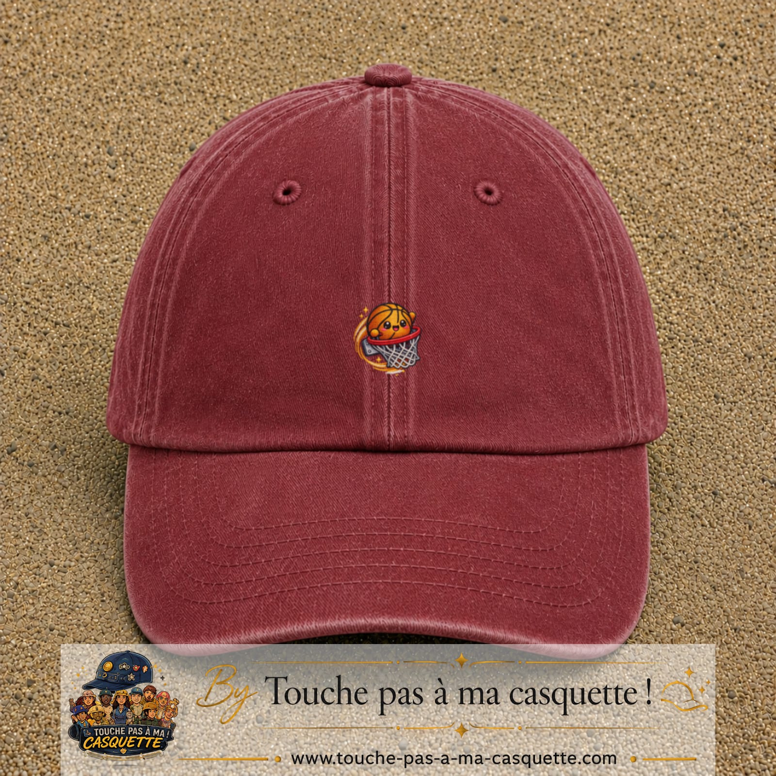 Image principale produit79petitRB - casquette Rouge délavé - Bordeaux délavé avec visuel Ballon basket panier 3 cm