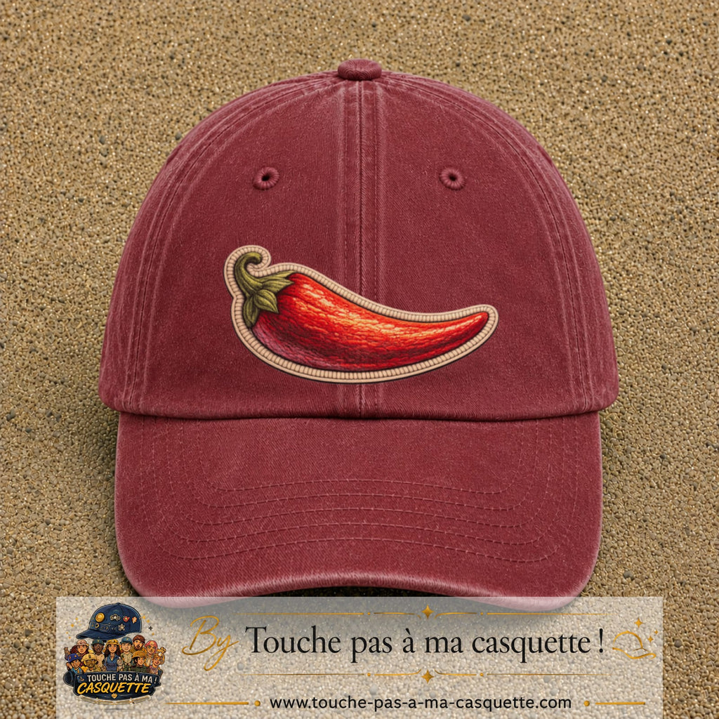 Image principale produit198grosRB - casquette Rouge délavé - Bordeaux délavé avec visuel Piment 7 cm