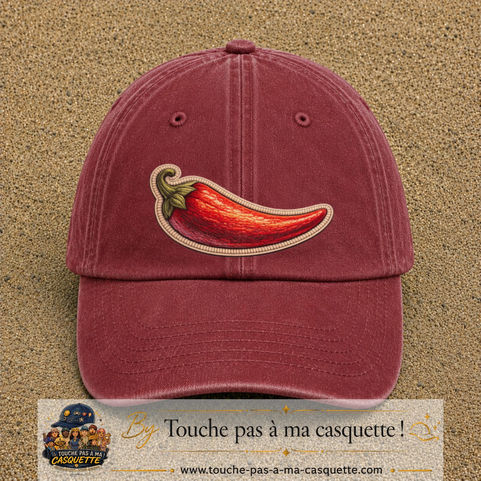 Image principale produit198grosRB - casquette Rouge délavé - Bordeaux délavé avec visuel Piment 7 cm
