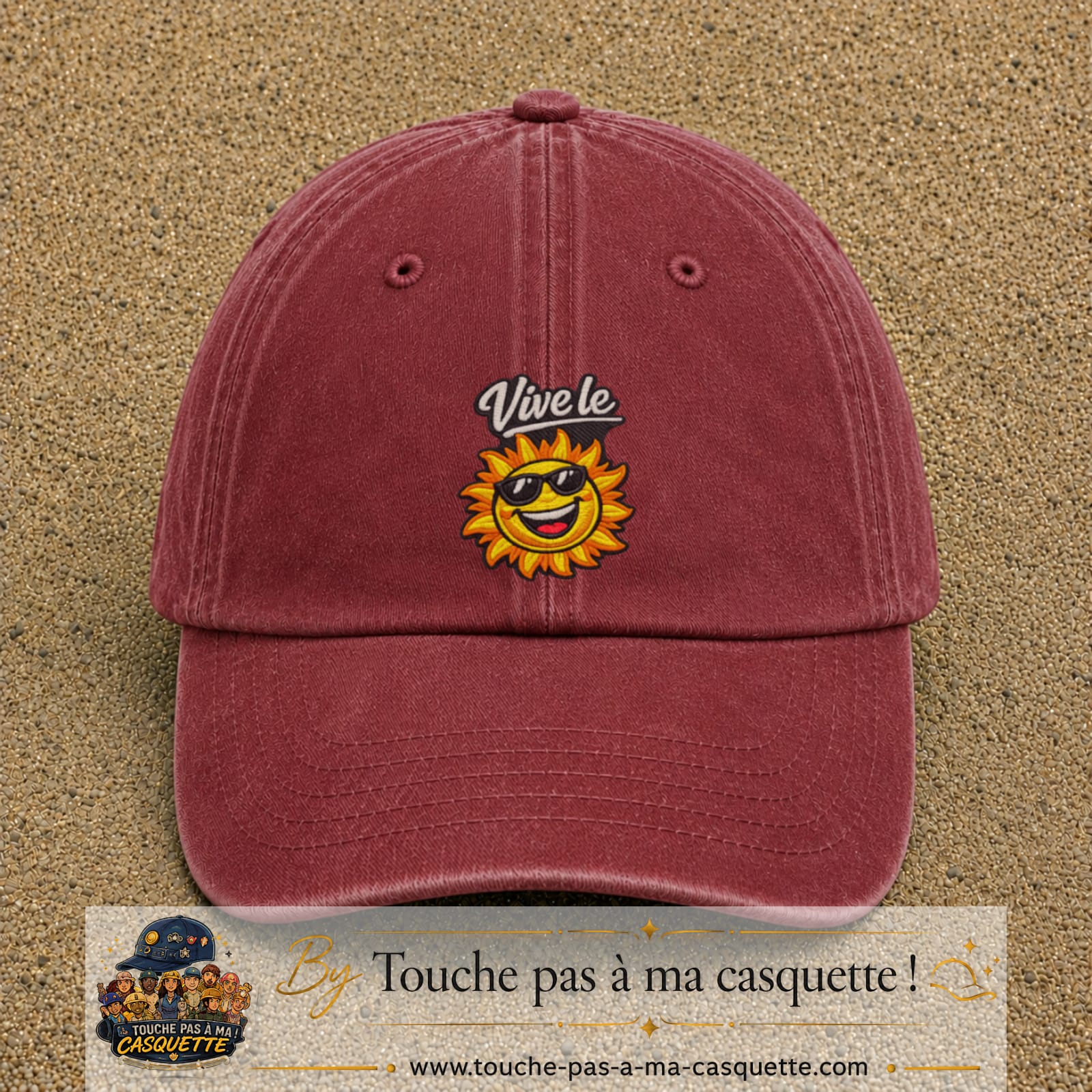 Image principale produit123grosRB - casquette Rouge délavé - Bordeaux délavé avec visuel Vive le soleil 7 cm