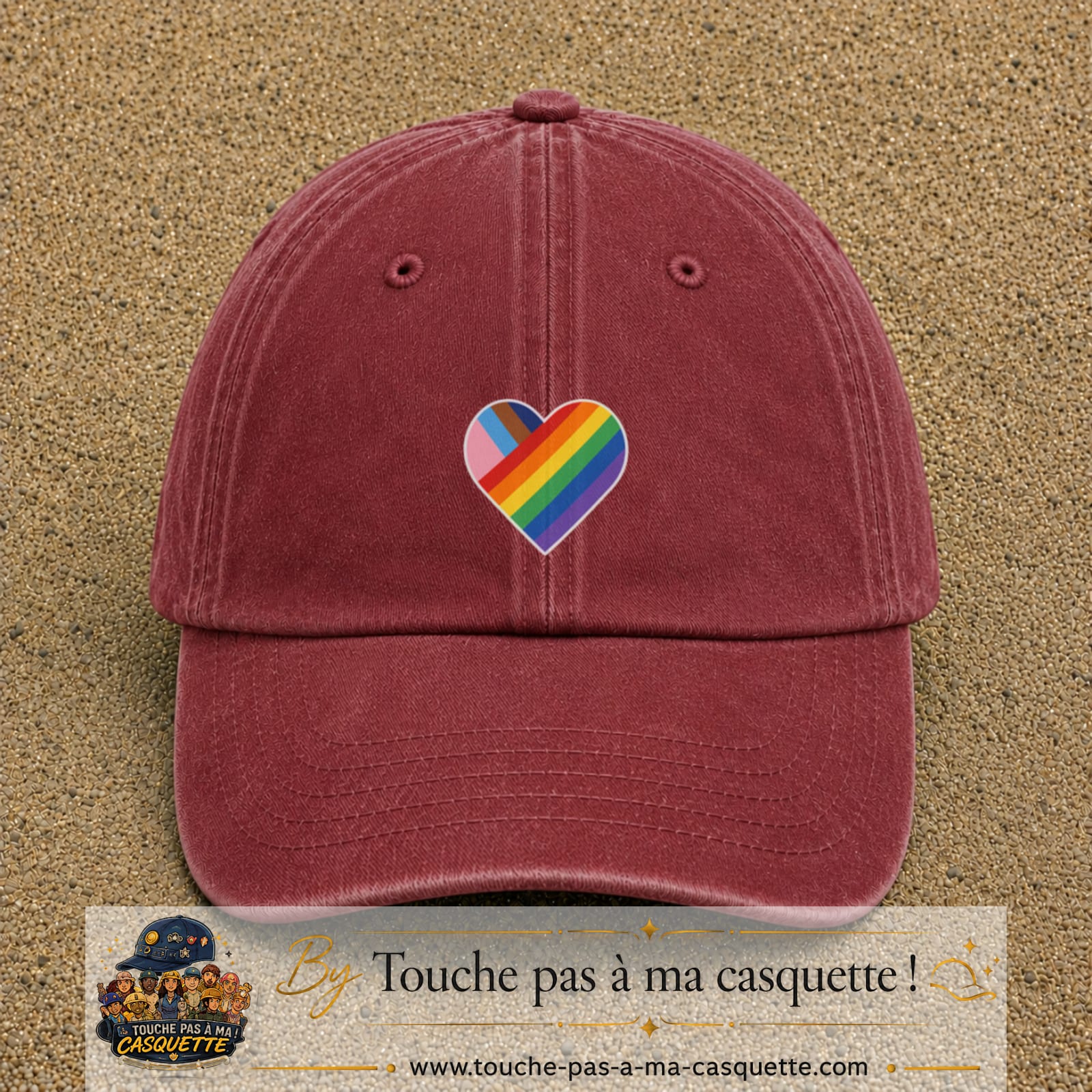 Image principale produit23moyenRB - casquette Rouge délavé - Bordeaux délavé avec visuel Cœur arc-en-ciel 5 cm