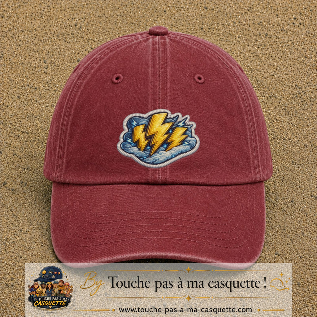 Image principale produit77grosRB - casquette Rouge délavé - Bordeaux délavé avec visuel Éclairs 7 cm