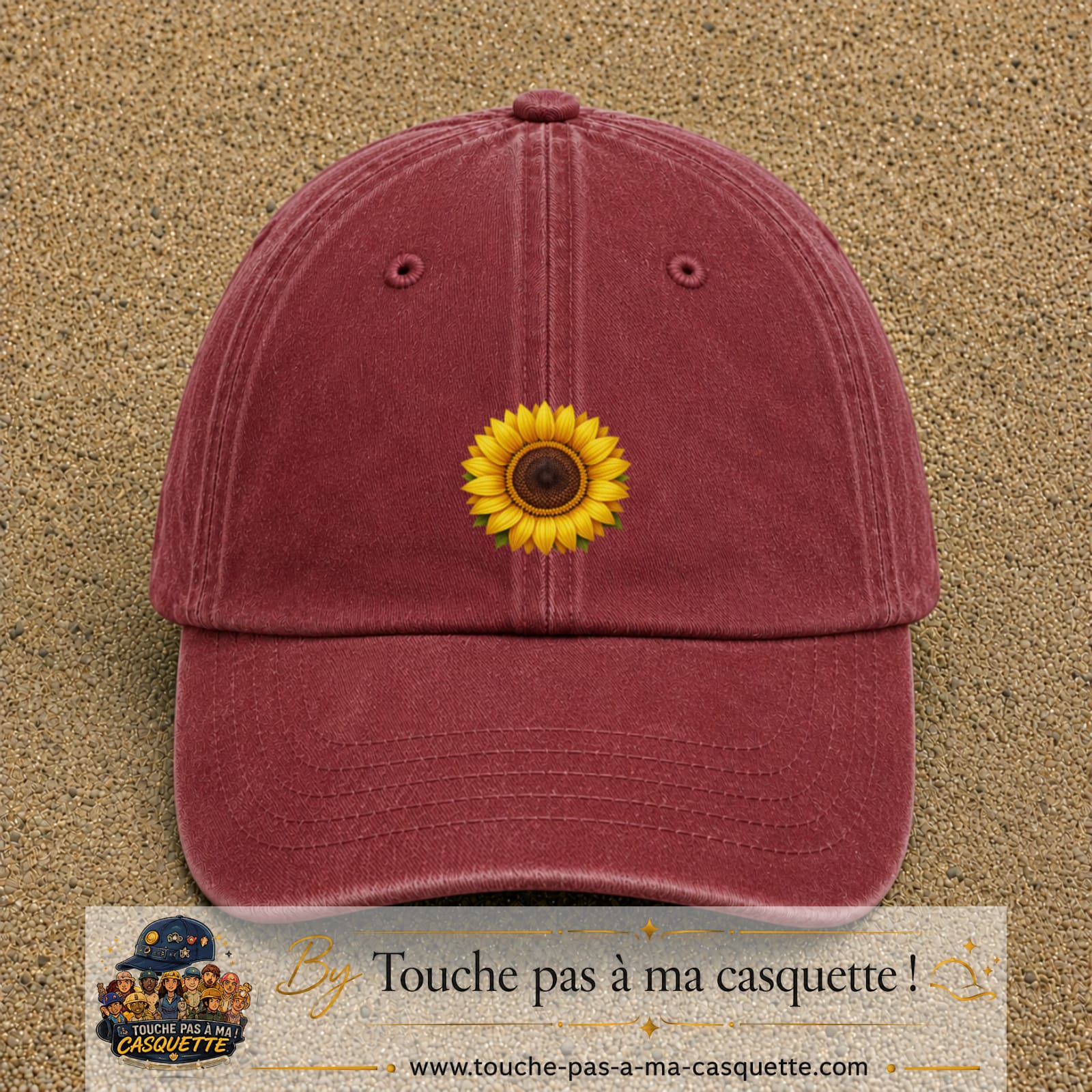 Image principale produit11moyenRB - casquette Rouge délavé - Bordeaux délavé avec visuel Tournesol 5 cm