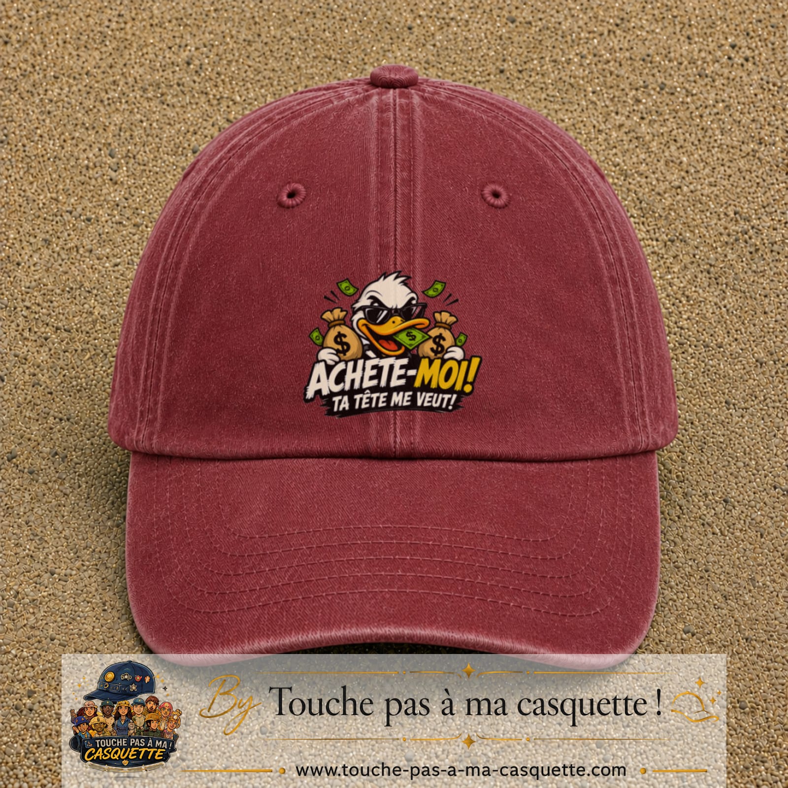 Image principale produit124grosRB - casquette Rouge délavé - Bordeaux délavé avec visuel Canard argent 7 cm