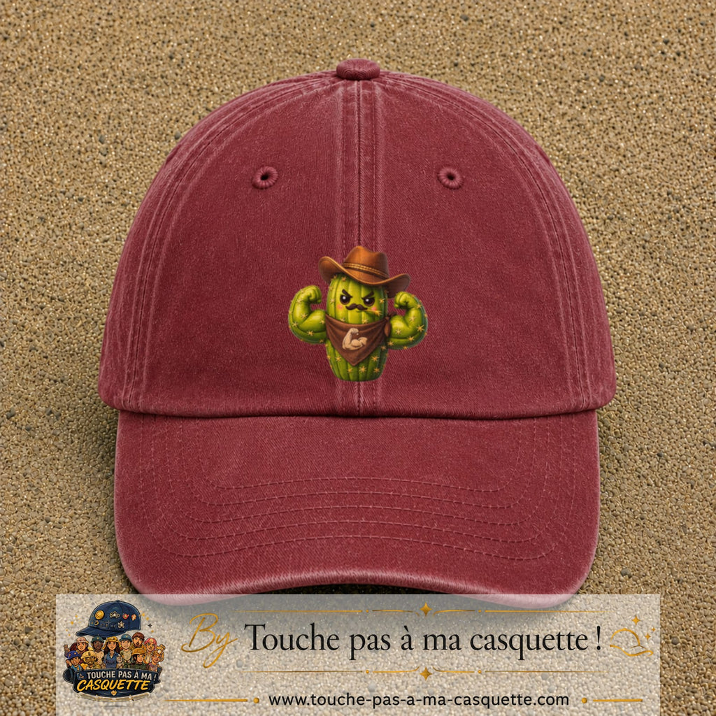 Image principale produit194grosRB - casquette Rouge délavé - Bordeaux délavé avec visuel Cactus cowboy 7 cm