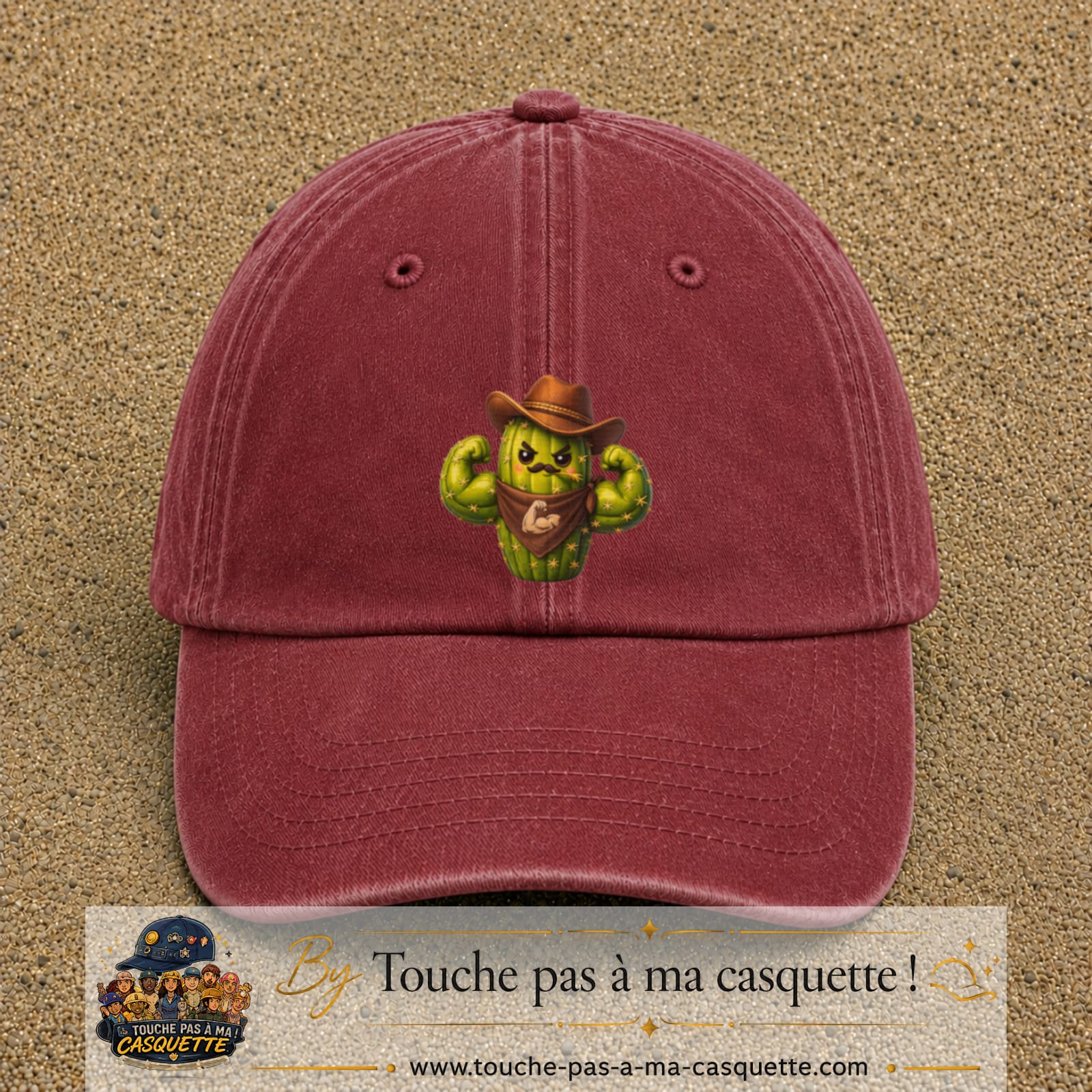 Image principale produit194grosRB - casquette Rouge délavé - Bordeaux délavé avec visuel Cactus cowboy 7 cm