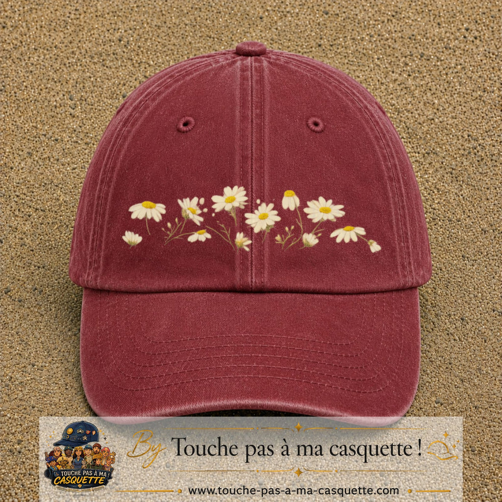 Image principale produit36grosRB - casquette Rouge délavé - Bordeaux délavé avec visuel Guirlande de marguerites 7 cm