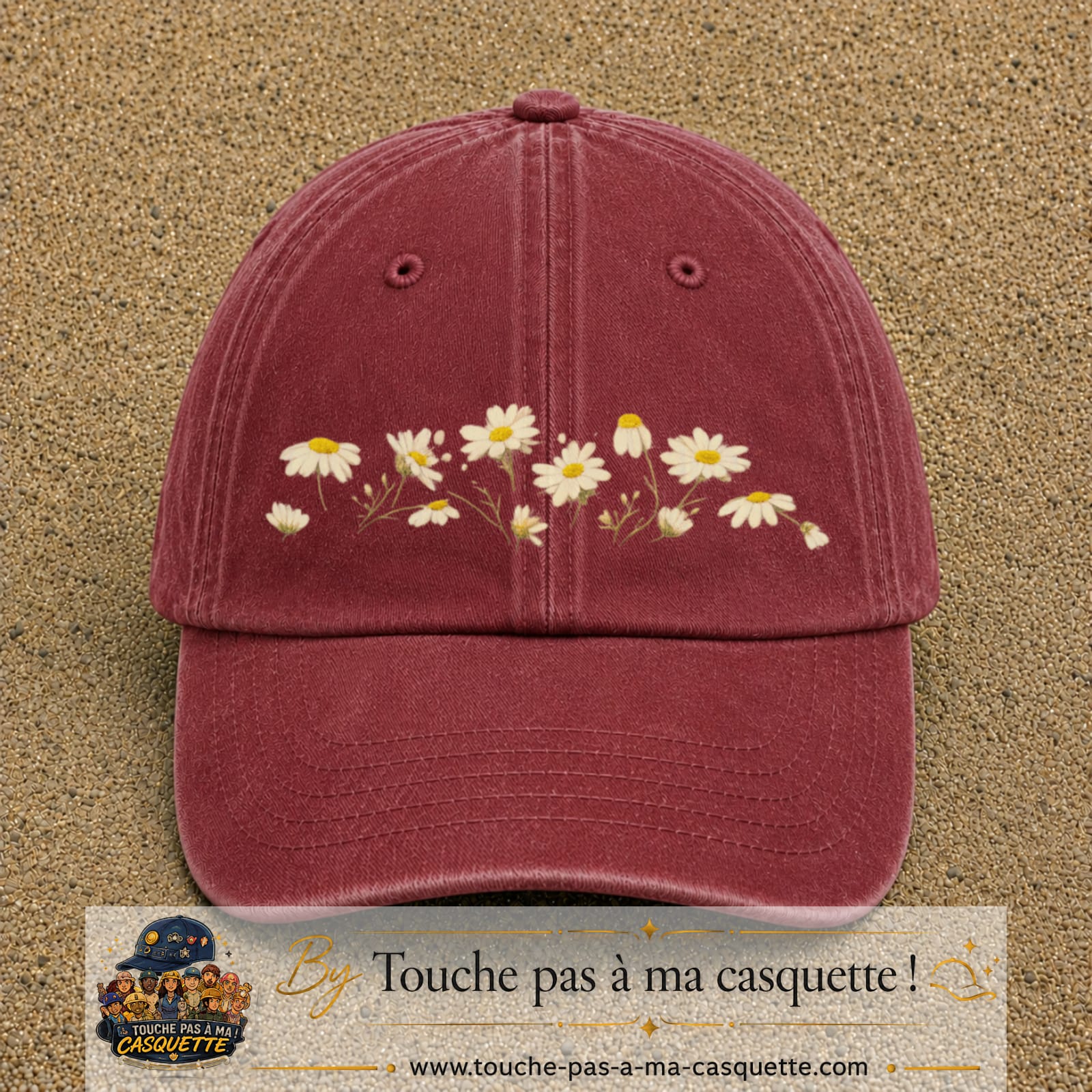 Image principale produit36grosRB - casquette Rouge délavé - Bordeaux délavé avec visuel Guirlande de marguerites 7 cm
